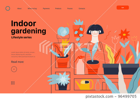 Lifestyle website template - Indoor gardening - modern flat vector illustration of a woman gardening at home - planting and watering. People activities concept 96499705
