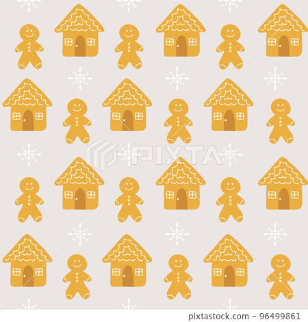 Christmas seamless background of gingerbread cookies and houses on grey Christmas seamless background of gingerbread cookies and houses on grey 96499861