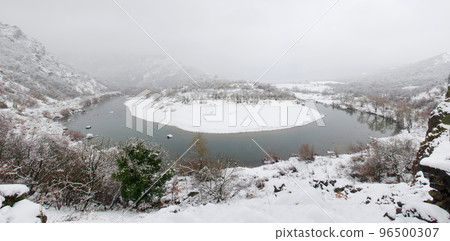 Panoramic view of Arda river in Rodopi Mountains. Kardzali province, Bulgaria, in snowy winter day 96500307
