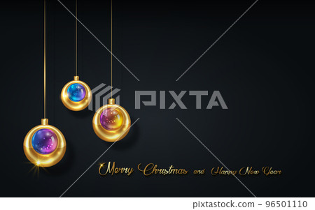 Christmas luxury holiday banner with gold handwritten Merry Christmas and Happy New Year greetings and gold colored Christmas balls, glass xmas bauble. Vector illustration isolated on black background 96501110