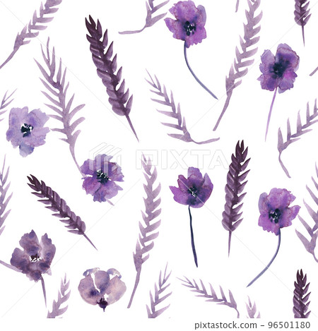 Watercolor purple flowers clipart. Floral clip art. Handmade illustration for greeting cards, wallpaper, stationery, fabric, wedding card. Flower pattern. 96501180