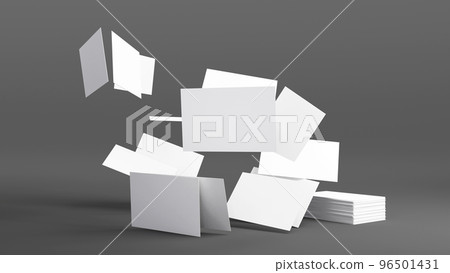 Stack of blank white business card, namecard mockup on grey background, 3D rendering. 96501431