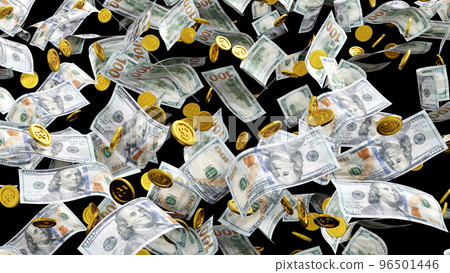Falling gold coin and dollar banknote, business wealth concept. 3D rendering. Falling gold coin and dollar banknote, business wealth concept. 3D rendering. 96501446