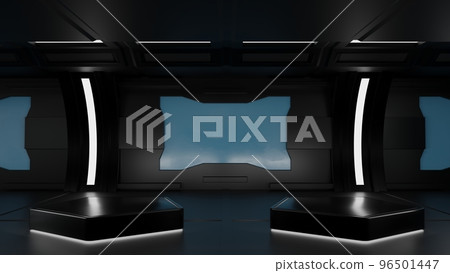 Pentagon podium in spaceship or space station interior, Sci Fi tunnel, stage for product, 3D render 96501447