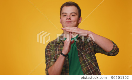 Tired serious upset man showing time out gesture, limit stop break sign no pressure I need more time Tired serious upset man showing time out gesture, limit stop break sign no pressure I need more time 96501502