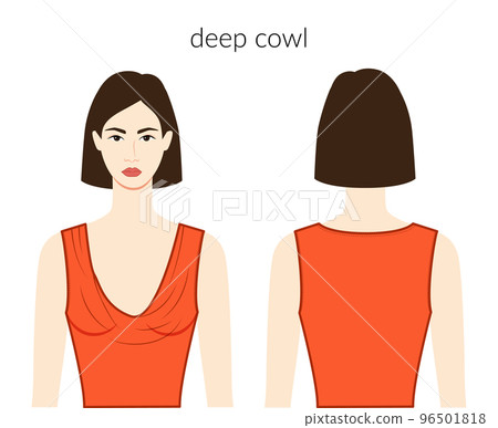 Deep cowl neckline clothes character beautiful lady in orange top, shirt, dress technical fashion illustration fitted Deep cowl neckline clothes character beautiful lady in orange top, shirt, dress technical fashion illustration fitted 96501818