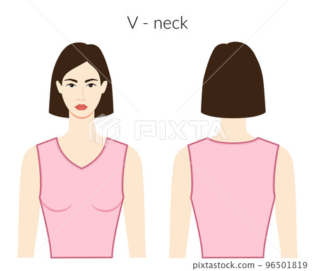 V - neckline clothes character beautiful lady in pink top, shirt, dress technical fashion illustration with fitted body 96501819