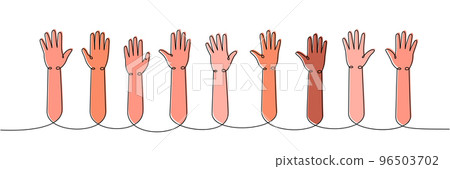 Hands up one line colored continuous drawing. Applaud hands continuous colorful one line illustration. Vector minimalist linear illustration. 96503702
