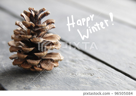 Happy winter postcard. Cone and inscription. 96505084