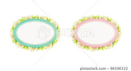oval wooden frame in pastel colors with lace and flowers 96506322
