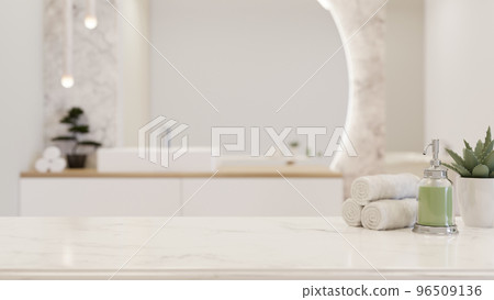 White luxury marble tabletop with copy space over blurred white elegance bathroom background 96509136