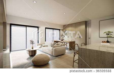 Modern studio apartment room interior design and decoration in beige and earth tone furniture and wall color. 3d rendering mockup condominium showcase. 96509388