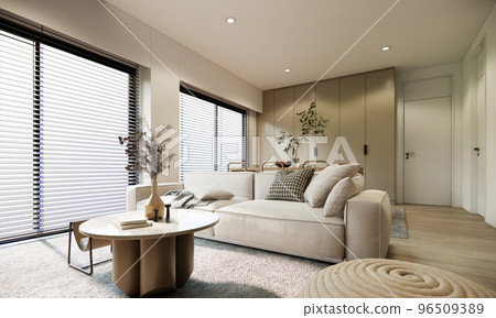 3d rendering mockup modern interior room design and decoration in beige and earth tone color wall and furniture fabric sofa blinds windows. 3d rendering mockup modern interior room design and decoration in beige and earth tone color wall and furniture fabric sofa blinds windows. 96509389