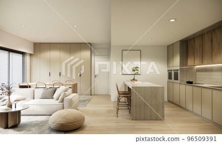 3d rendering mockup modern room interior design and decoration in beige and earth tone furniture and wall color parquet floor, built in kitchen counter and cabinet. 3d rendering mockup modern room interior design and decoration in beige and earth tone furniture and wall color parquet floor, built in kitchen counter and cabinet. 96509391