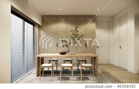 3d rendering minimal style dining room interior design and decoration with wooden table and chairs blinds window grey carpet and wood parquet floor. 3d rendering minimal style dining room interior design and decoration with wooden table and chairs blinds window grey carpet and wood parquet floor. 96509392