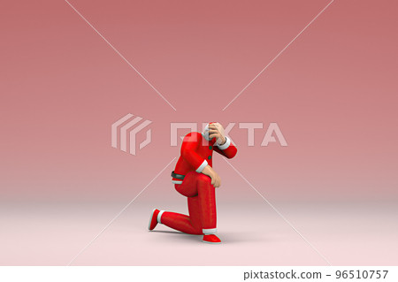 A man wearing Santa Claus costume. He is sad or in pain. 3d rendering of cartoon character in acting. A man wearing Santa Claus costume. He is sad or in pain. 3d rendering of cartoon character in acting. 96510757