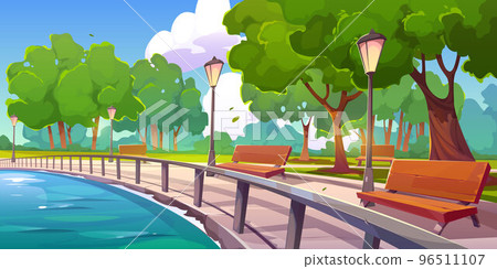 Summer park landscape with lake embankment Summer park landscape with lake embankment 96511107