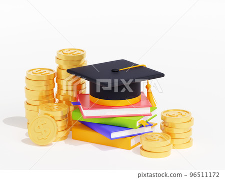 3D illustration of academic cap on books and money 96511172