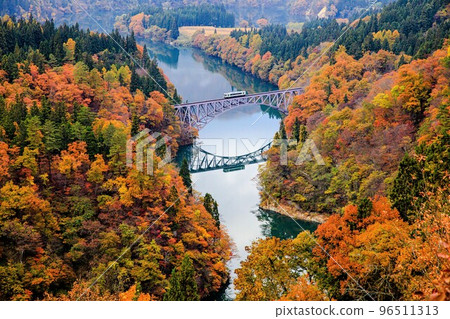 只見線 秋天穿越第一座只見川大橋的單節電車“Kiha 110系列”（福島縣三島町，11月） 96511313