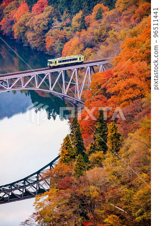 Tadami Line "Kiha 110 series" train crossing the first Tadami River bridge in autumn (Mishima Town, Fukushima Prefecture, November) 96511441