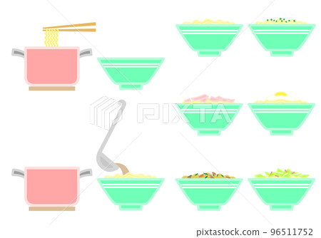 煮熟的方便麵和配料的插圖集(基本拉麵、大蔥、火腿、雞蛋、咖哩、蔬菜) 煮熟的方便麵和配料的插圖集(基本拉麵、大蔥、火腿、雞蛋、咖哩、蔬菜) 96511752