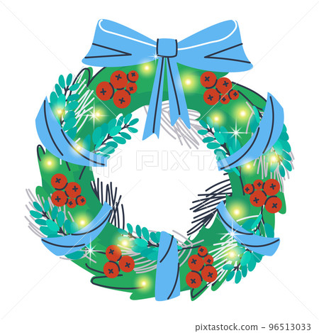 Christmas wreath. Sparkling garland on fir branches with a blue ribbon. Red rowan berries, pine branches with long needles. Decorative twigs with round leaves. Vector illustration Christmas wreath. Sparkling garland on fir branches with a blue ribbon. Red rowan berries, pine branches with long needles. Decorative twigs with round leaves. Vector illustration 96513033
