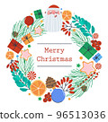 Christmas wreath of spruce twigs, gifts, balls and leaves. Festive winter decoration greeting messages. Flat vector illustration, eps10 96513036