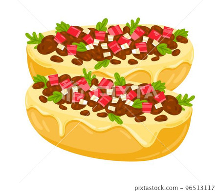 Cartoon Molletes Mexican food vector illustration. Traditional Mexican Cuisine. Molletes with sauce, beans and cheese isolated on white background. Cartoon Molletes Mexican food vector illustration. Traditional Mexican Cuisine. Molletes with sauce, beans and cheese isolated on white background. 96513117