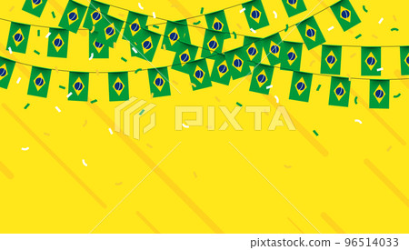 Brazil celebration bunting flags with confetti and ribbons on yellow background. Brazil celebration bunting flags with confetti and ribbons on yellow background. 96514033