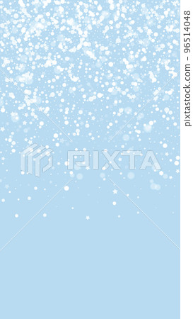 Snowy christmas background. Subtle flying snow flakes and stars on light blue winter backdrop. Delicate sweet snowy christmas. Vertical vector illustration. Snowy christmas background. Subtle flying snow flakes and stars on light blue winter backdrop. Delicate sweet snowy christmas. Vertical vector illustration. 96514048
