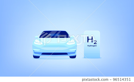 Hydrogen car and energy refill. Hydrogen filling station. vector 96514351