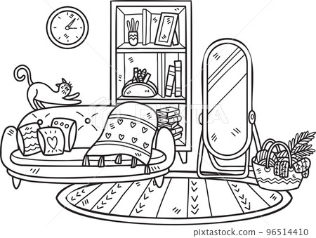 Hand Drawn couch with mirrors and shelves interior room illustration Hand Drawn couch with mirrors and shelves interior room illustration 96514410