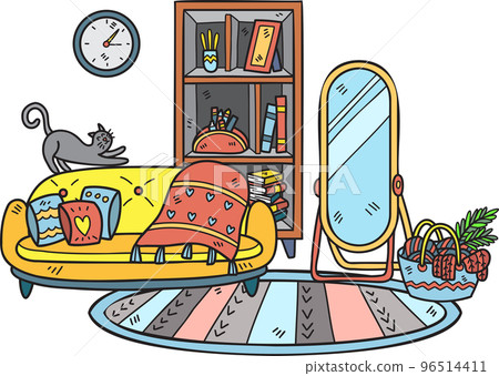 Hand Drawn couch with mirrors and shelves interior room illustration Hand Drawn couch with mirrors and shelves interior room illustration 96514411