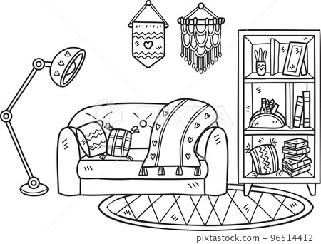 Hand Drawn couch with lamps and shelves interior room illustration Hand Drawn couch with lamps and shelves interior room illustration 96514412