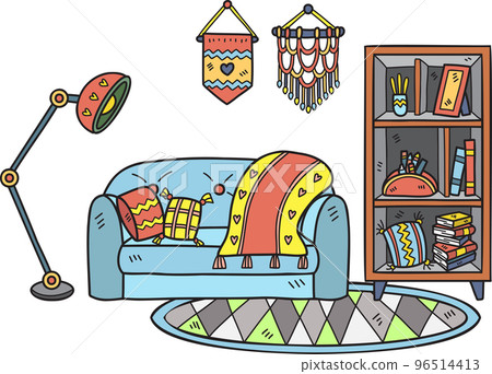 Hand Drawn couch with lamps and shelves interior room illustration Hand Drawn couch with lamps and shelves interior room illustration 96514413