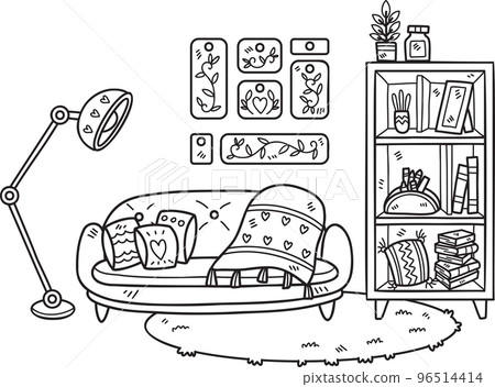 Hand Drawn couch with lamps and shelves on the carpet interior room illustration Hand Drawn couch with lamps and shelves on the carpet interior room illustration 96514414