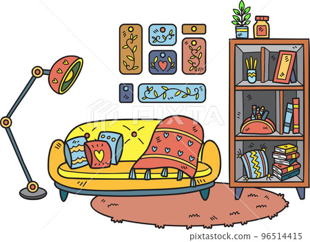 Hand Drawn couch with lamps and shelves on the carpet interior room illustration Hand Drawn couch with lamps and shelves on the carpet interior room illustration 96514415