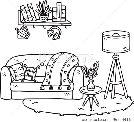 Hand Drawn couch with lamps on the carpet interior room illustration Hand Drawn couch with lamps on the carpet interior room illustration 96514416