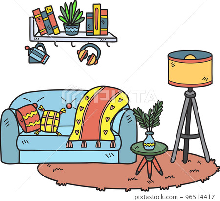 Hand Drawn couch with lamps on the carpet interior room illustration Hand Drawn couch with lamps on the carpet interior room illustration 96514417