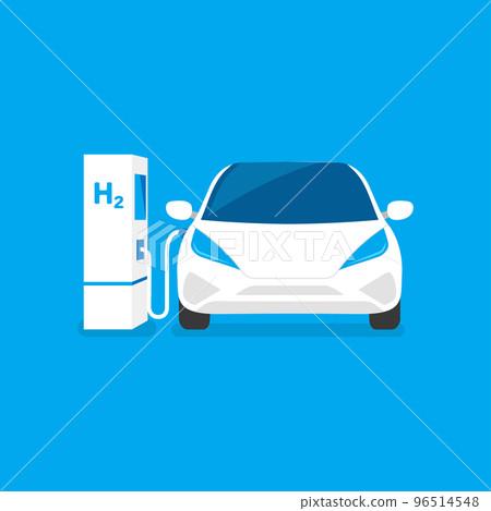 Hydrogen car and energy refill concept. Blue car on the H2 station. 96514548
