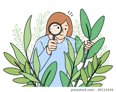 Woman botanist with magnifier look at plants 96514549