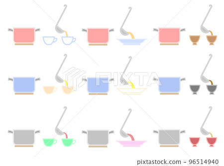 Illustration set of pouring soup from a two-handed pot into a dish with a ladle (soup, miso soup) 96514940