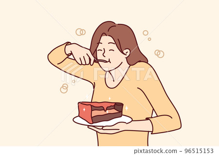 Young woman eating chocolate cake  96515153