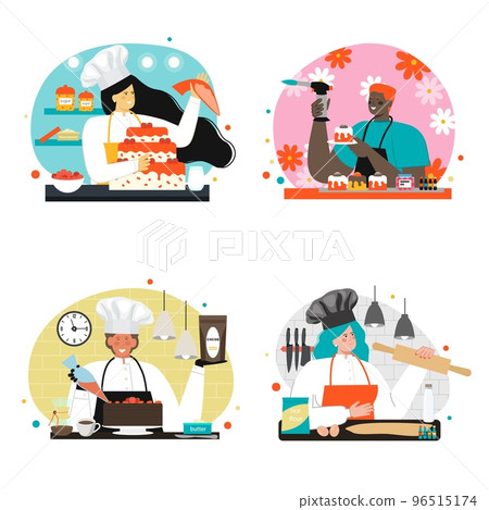 Baker and confectioner pastry chef scene set 96515174