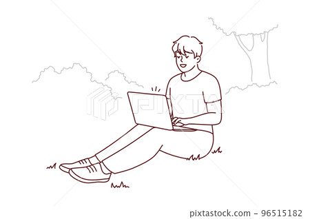 Smiling man sit in park work on laptop Smiling man sit in park work on laptop 96515182