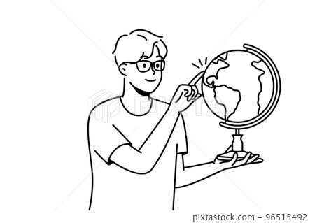 Guy in glasses spin globe 96515492