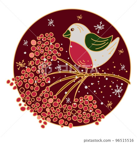 Christmas card template with bullfinch bird on rowan branch doodle style 96515516