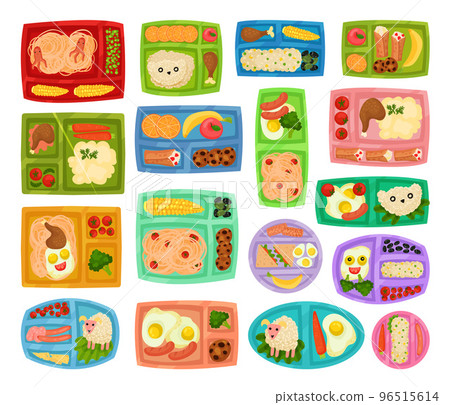Lunch Box or Meal Trays with Served Food and Healthy Meal for Kids Above View Big Vector Set Lunch Box or Meal Trays with Served Food and Healthy Meal for Kids Above View Big Vector Set 96515614
