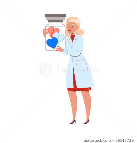 Blond Woman Doctor or Practitioner in Uniform Holding Glass Jar with Heart Pills and Tablets Vector Illustration 96515729