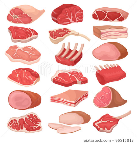 Meat Product with Beef Steak, Rib, Lard and Ham for Cooking and Eating Big Vector Set 96515812